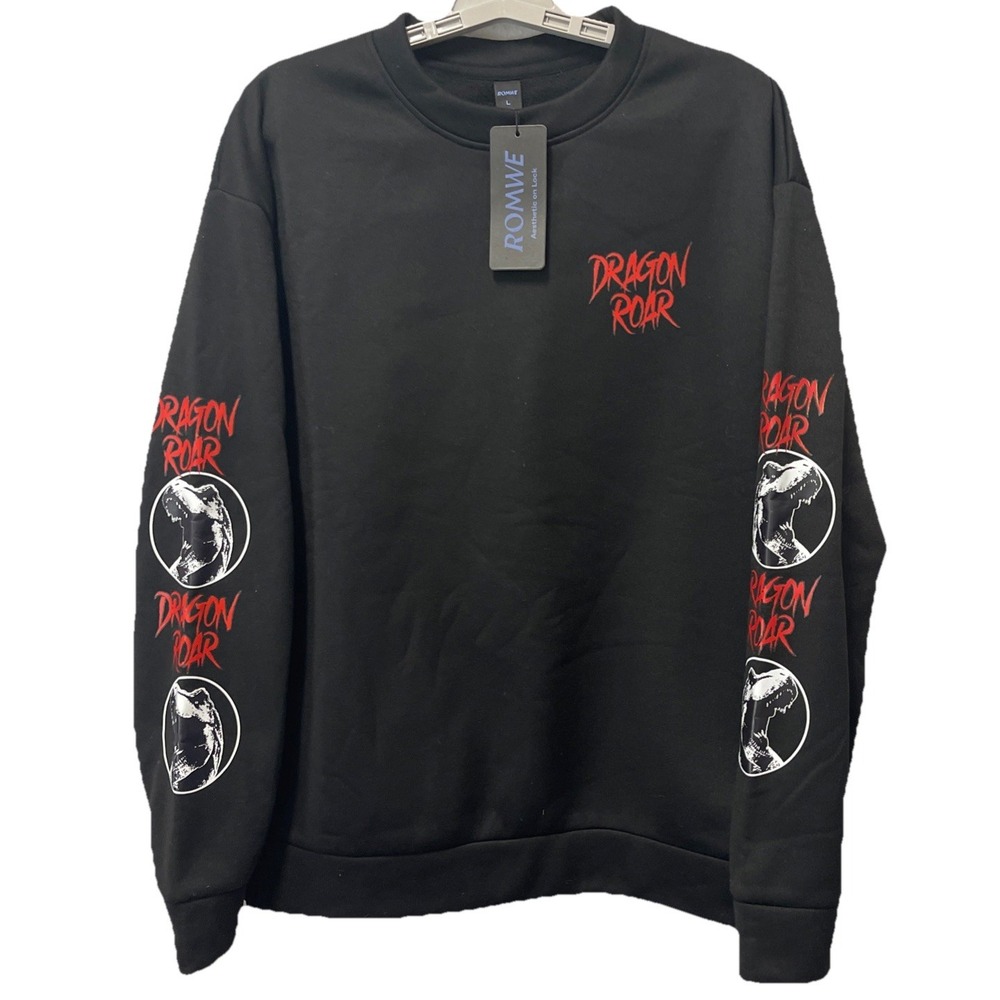 ROMWE NWT Dragon Roar Black Mens Long Sleeve Pullover Sweatshirt Size Large